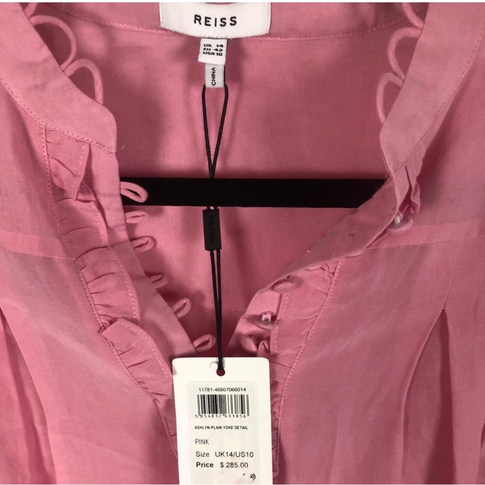 Reiss Ashlyn Ruffle Split Neck Long 3/4 Sleeve Blouse Pink Top  Women’s 10 NEW - Picture 5 of 6